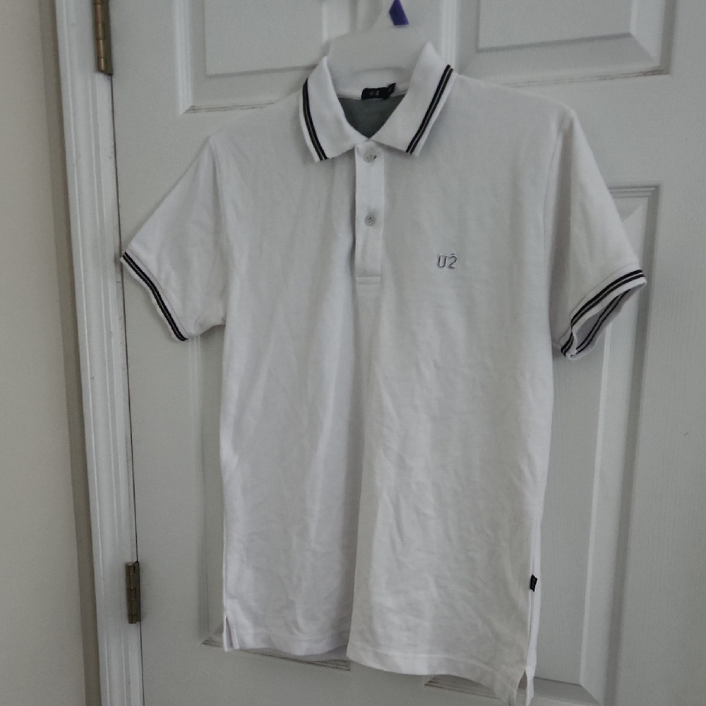 White Polo Shirt with Black Trim Size L (Runs Small/Medium)